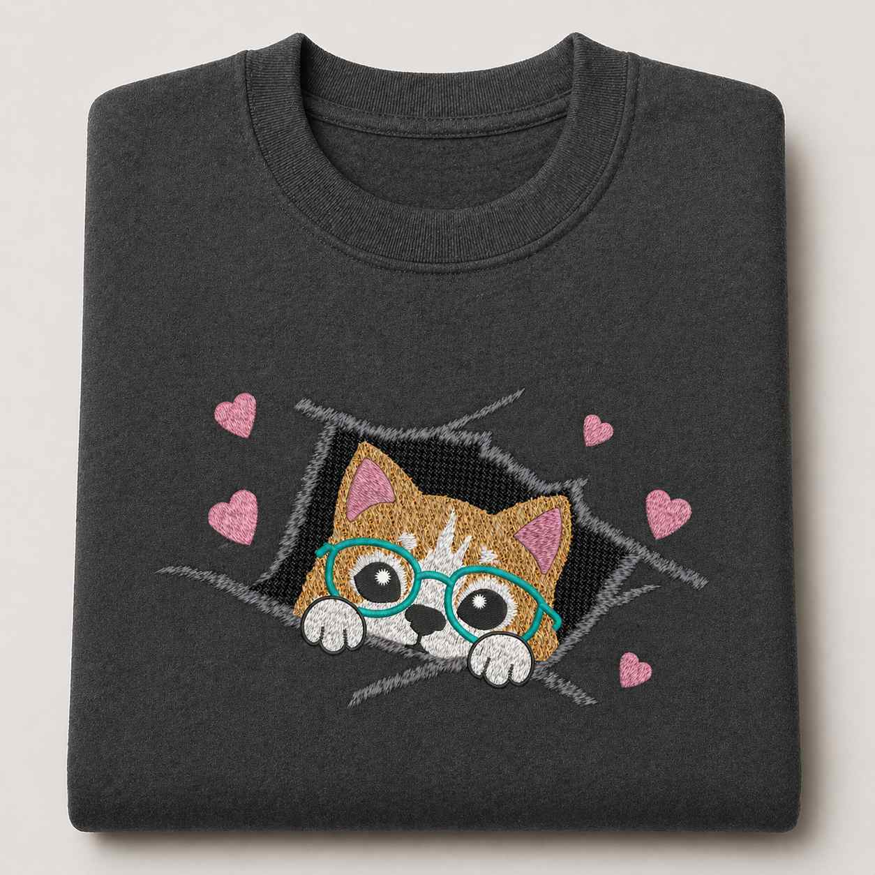 Cat Peeking Through Fabric Tear Embroidery