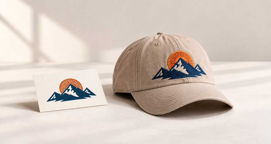 A beige baseball cap with an embroidered mountain and sun logo sits on a light surface beside a small matching card. The logo shows blue mountains, white peaks, and an orange sun.