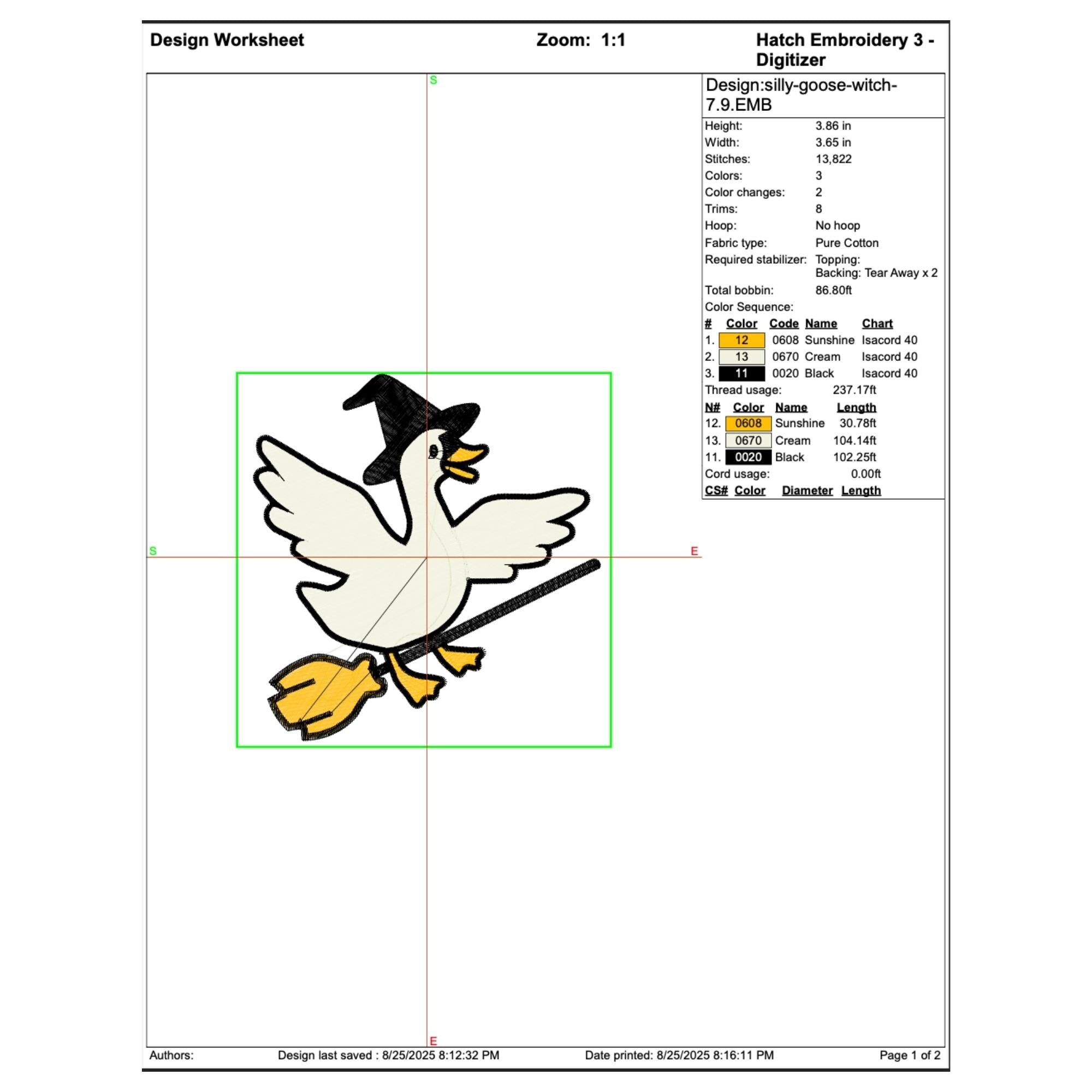 close-up preview of Flying Silly Goose Witch Halloween Embroidery