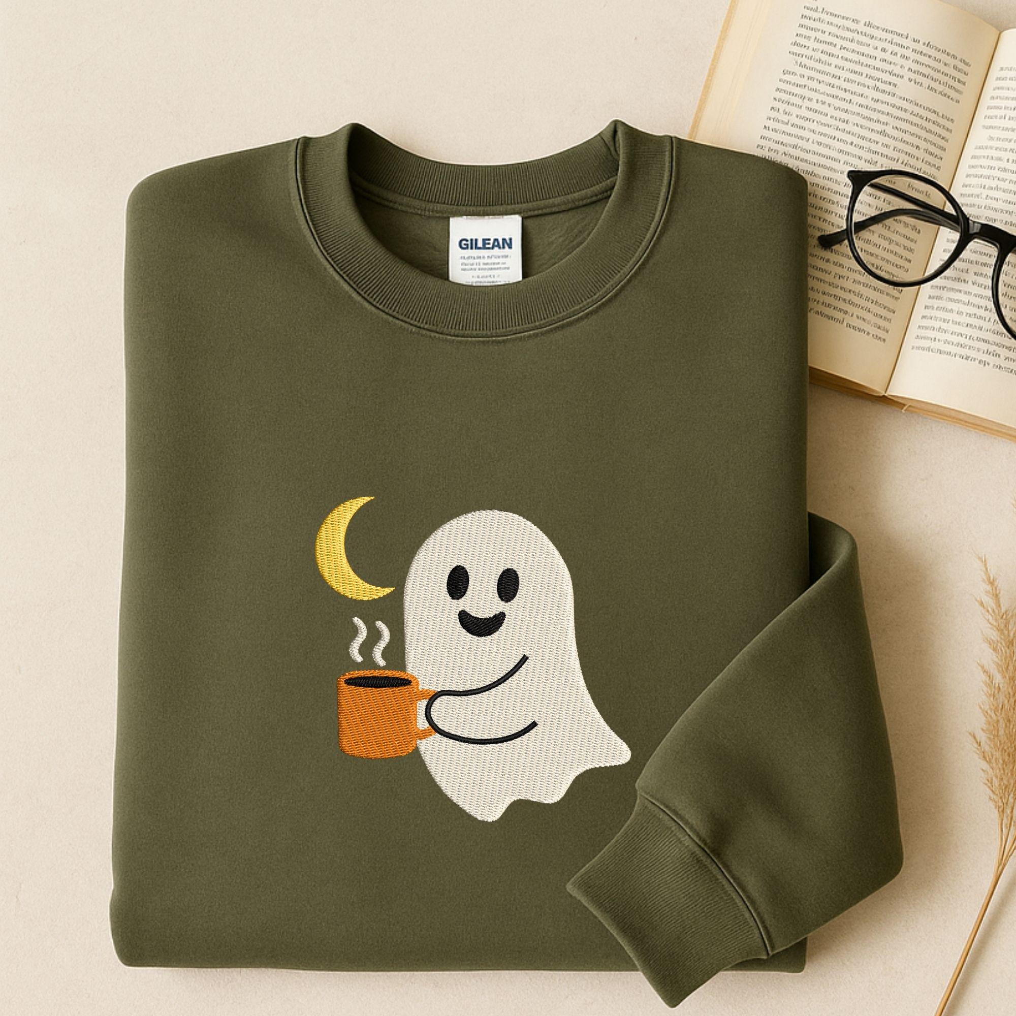 close-up preview of Ghost Drinking Coffee Halloween Embroidery