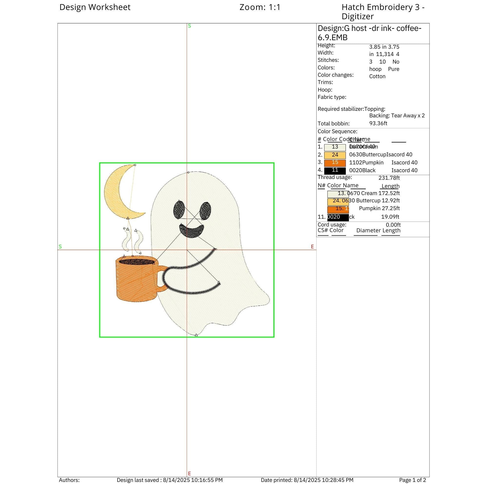 Ghost Drinking Coffee Halloween Embroidery worksheet
