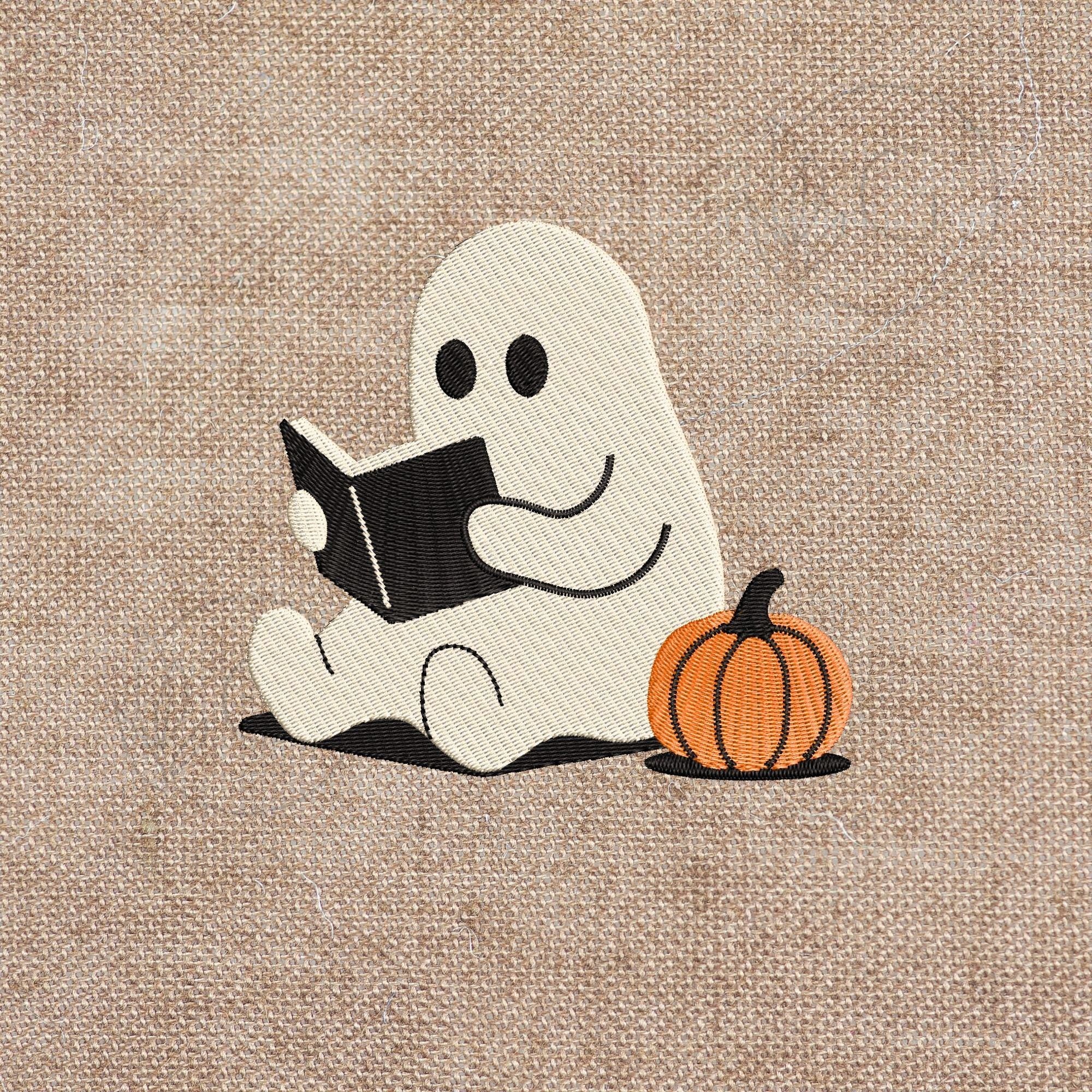 Ghost Reading With Pumpkin Embroidery mockup preview 2