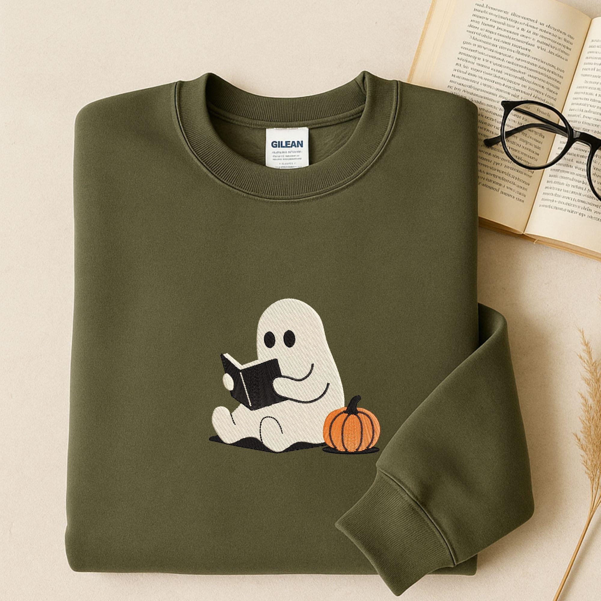Ghost Reading With Pumpkin Embroidery mockup preview 3