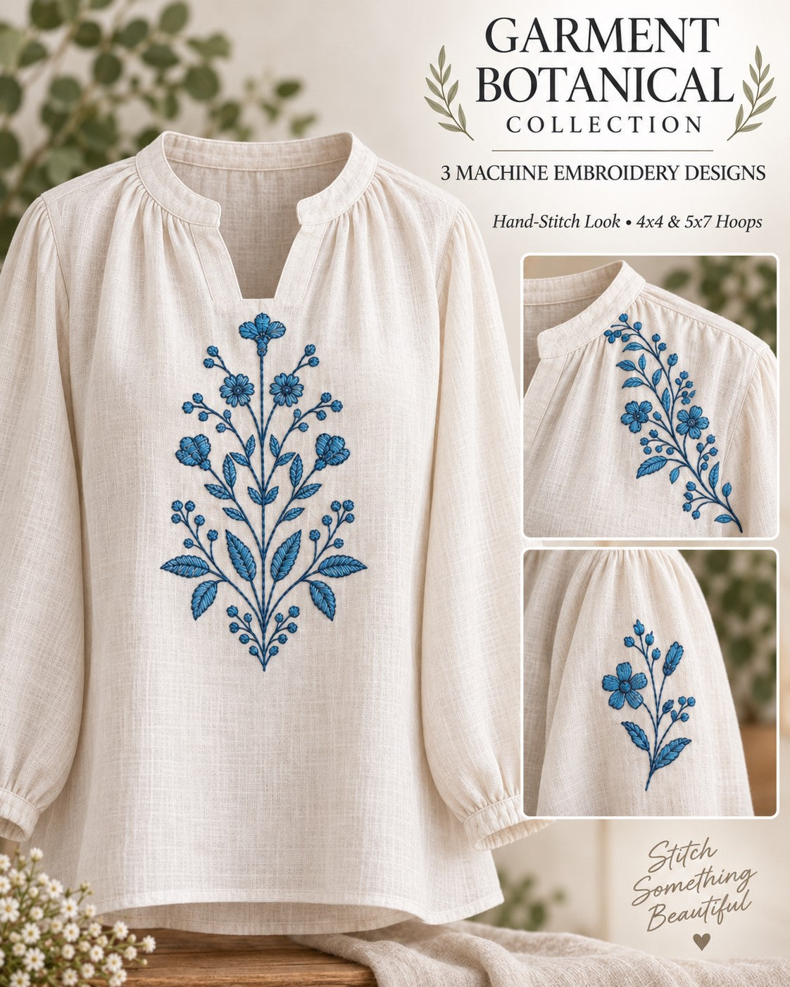 Hand-Stitch Botanical Garment Embroidery Set – 3 Designs