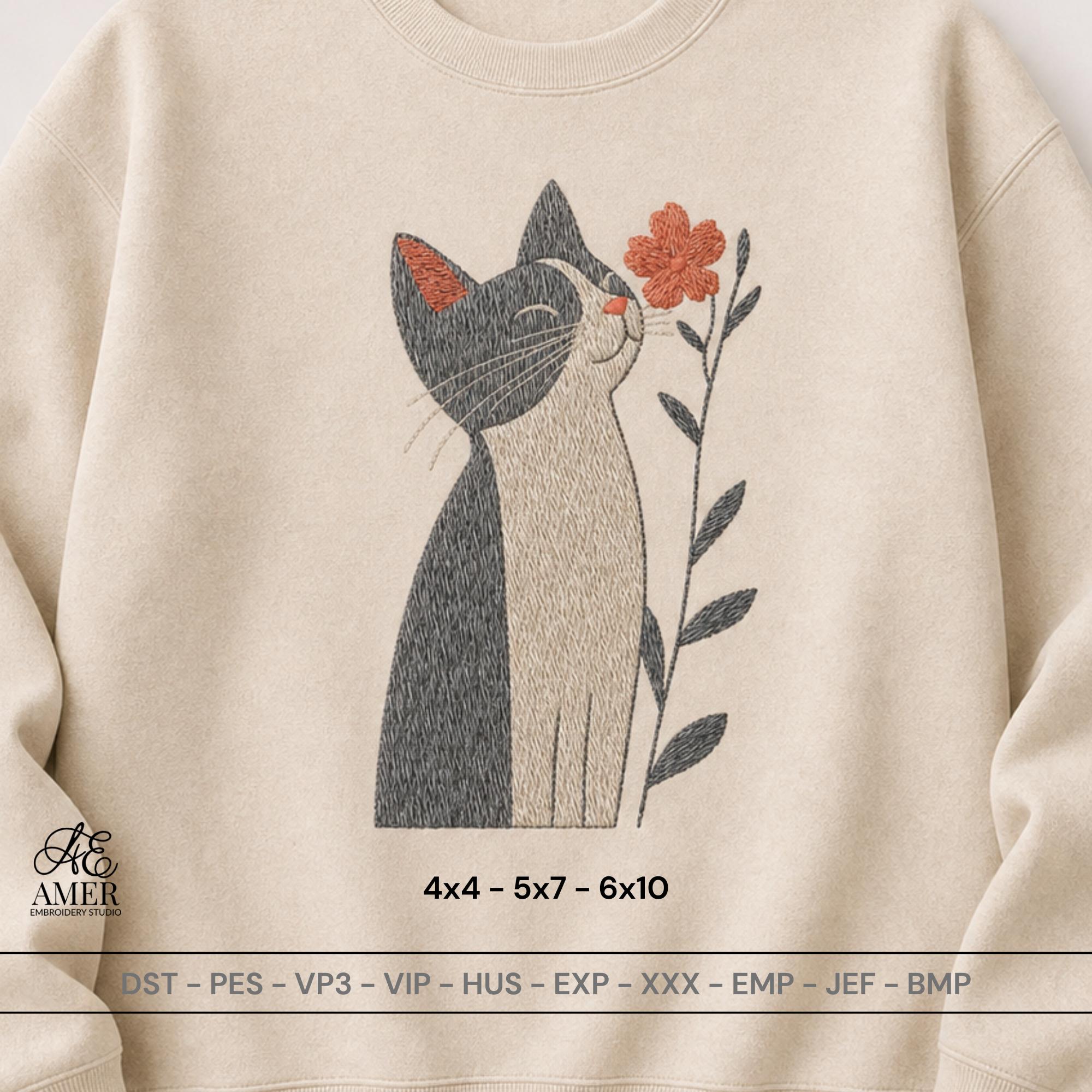 Cat Flower Embroidery Design
