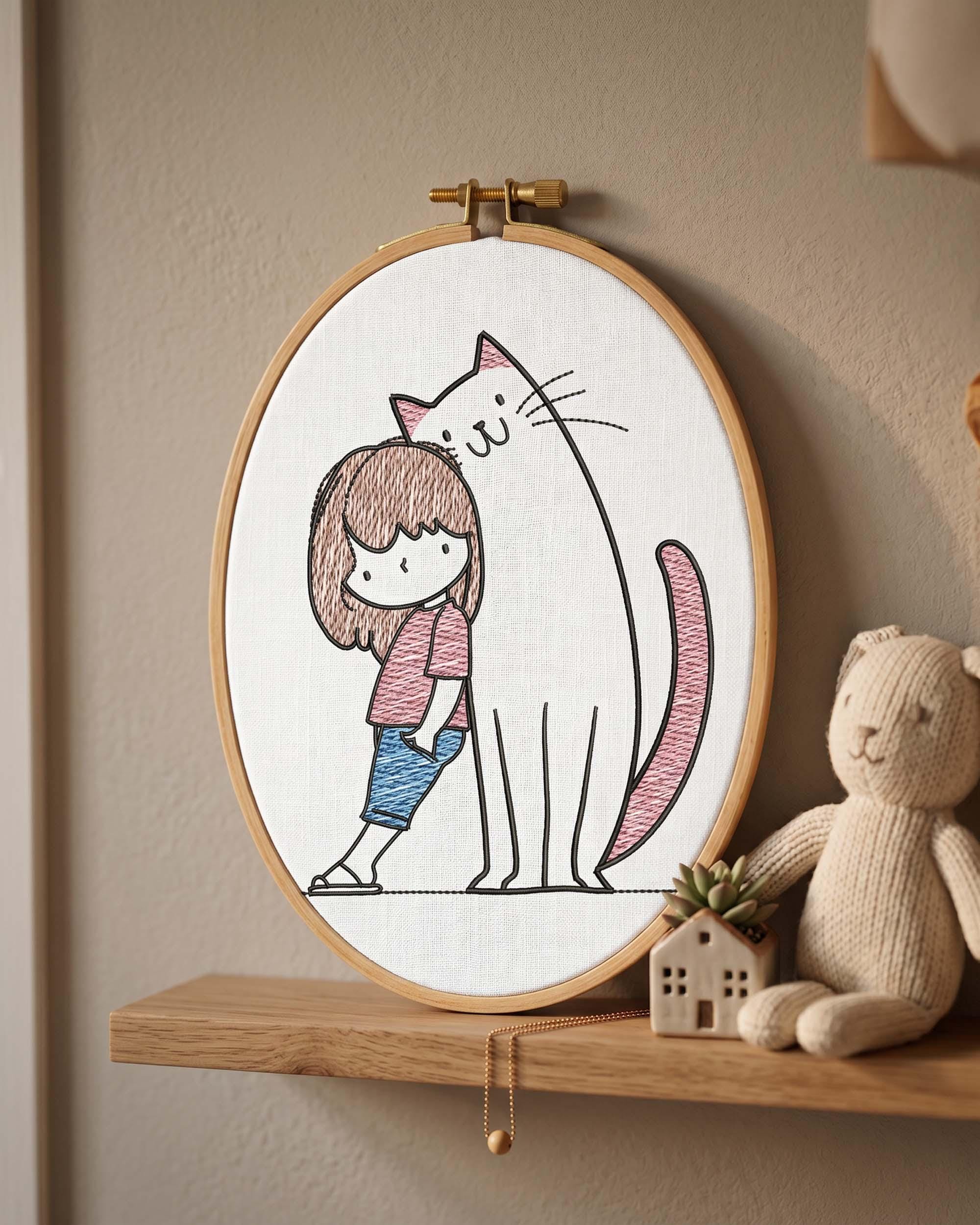 Girl and Cat Sketch Embroidery Design