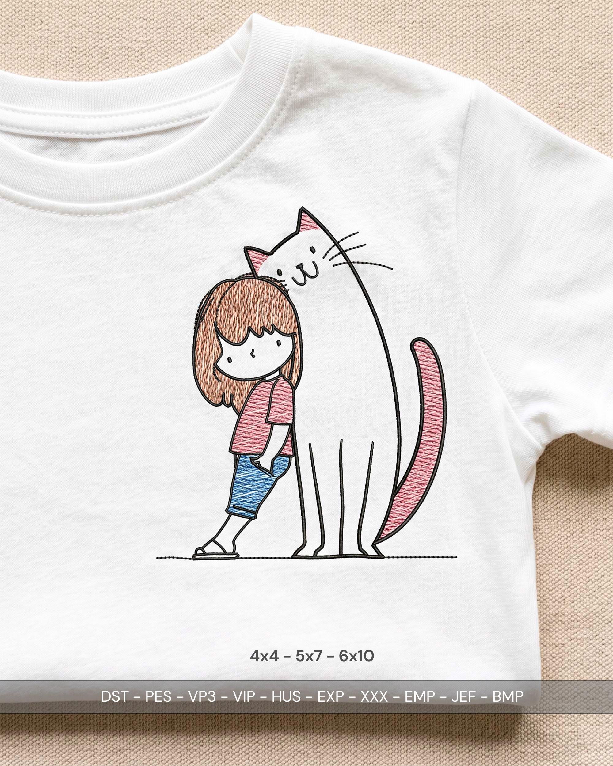 Girl and Cat Sketch Embroidery Design