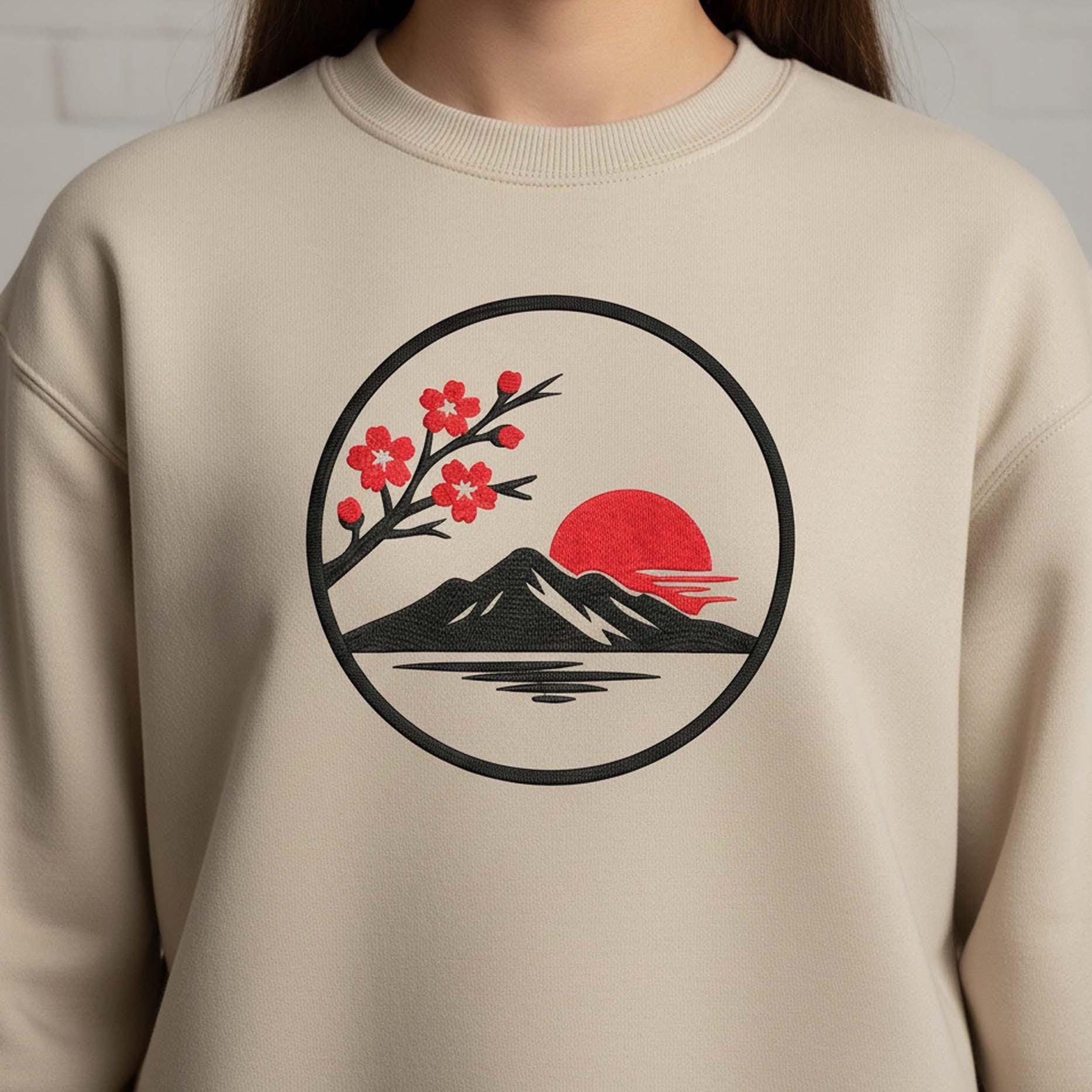 Japanese Landscape Cherry Blossom Machine Embroidery Desin mockup preview 7