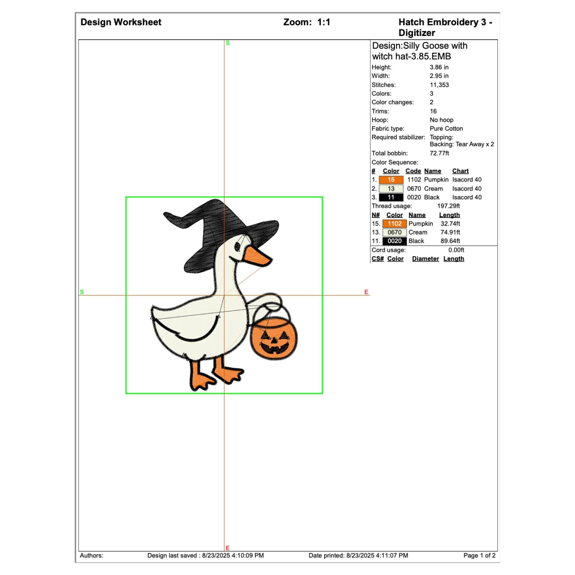 Silly Goose Witch Hat Embroidery worksheet
