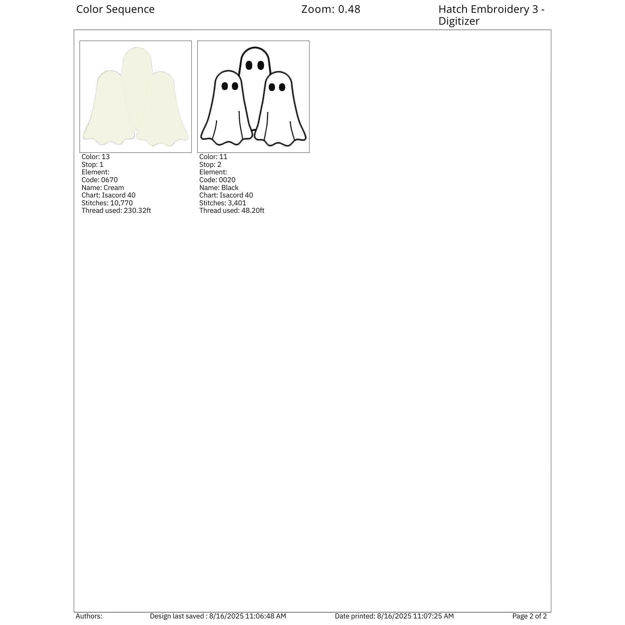size chart for Three Ghosts Halloween Embroidery