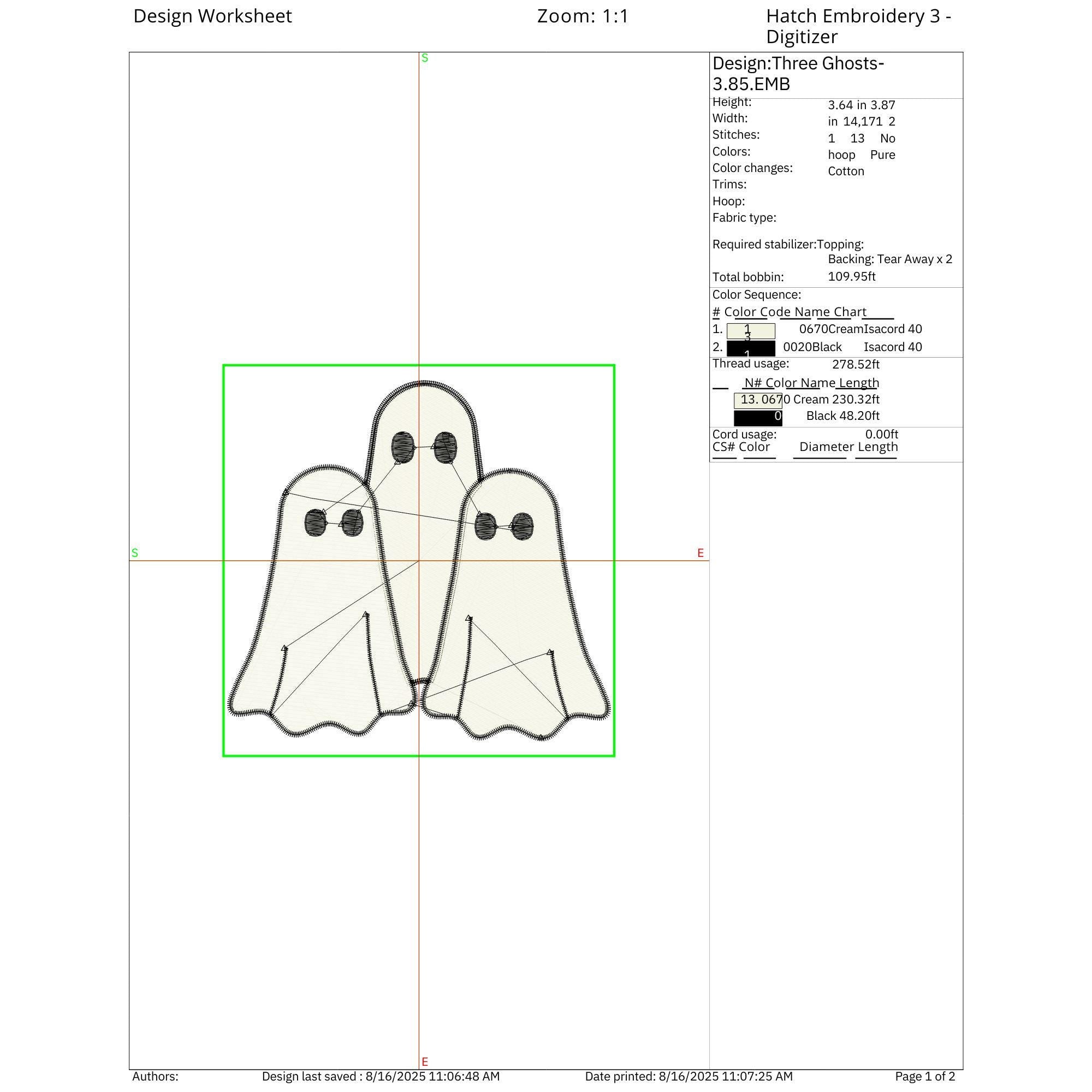Three Ghosts Halloween Embroidery worksheet