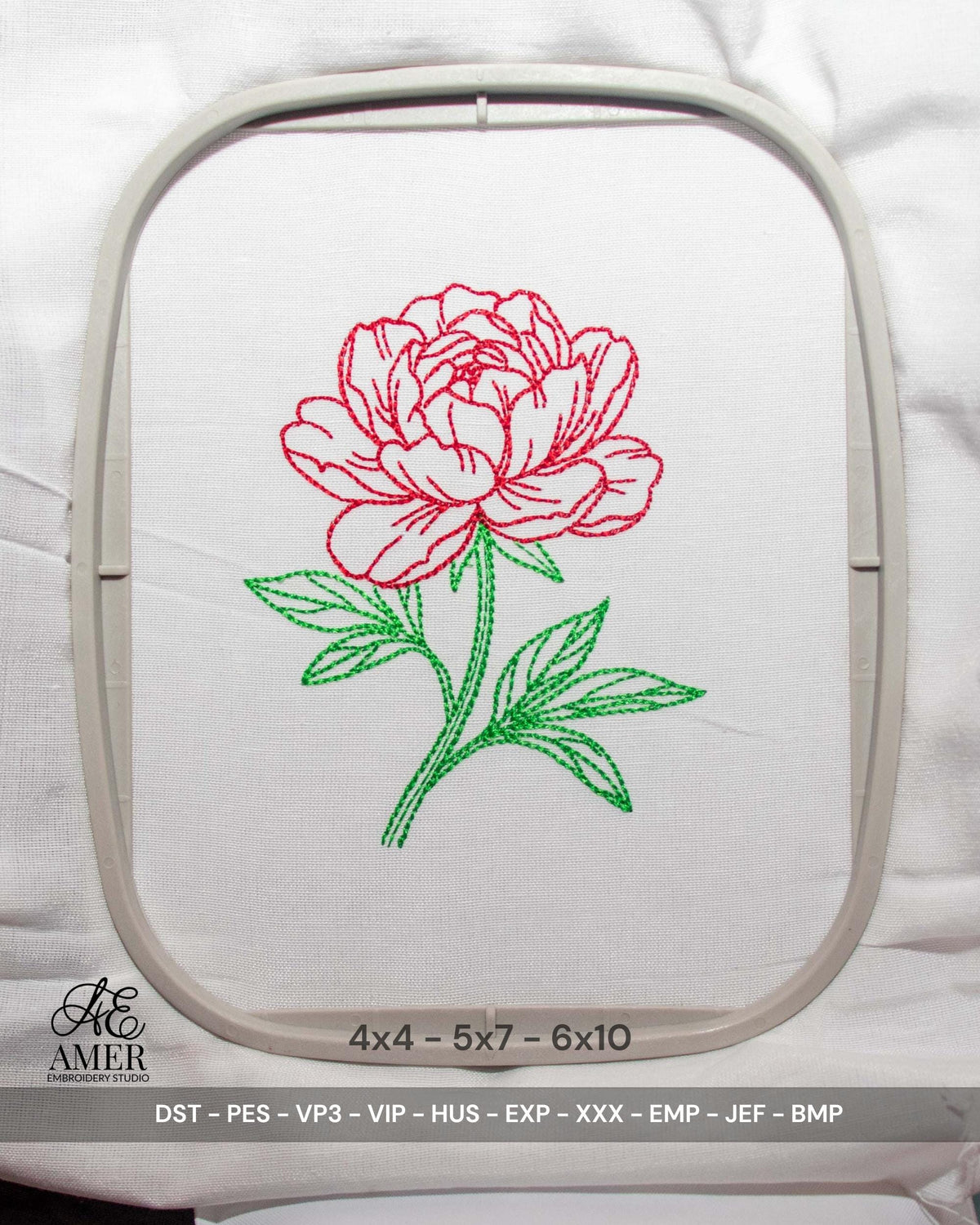 Peony Flower Embroidery Design, Floral Line Art Machine Embroidery File