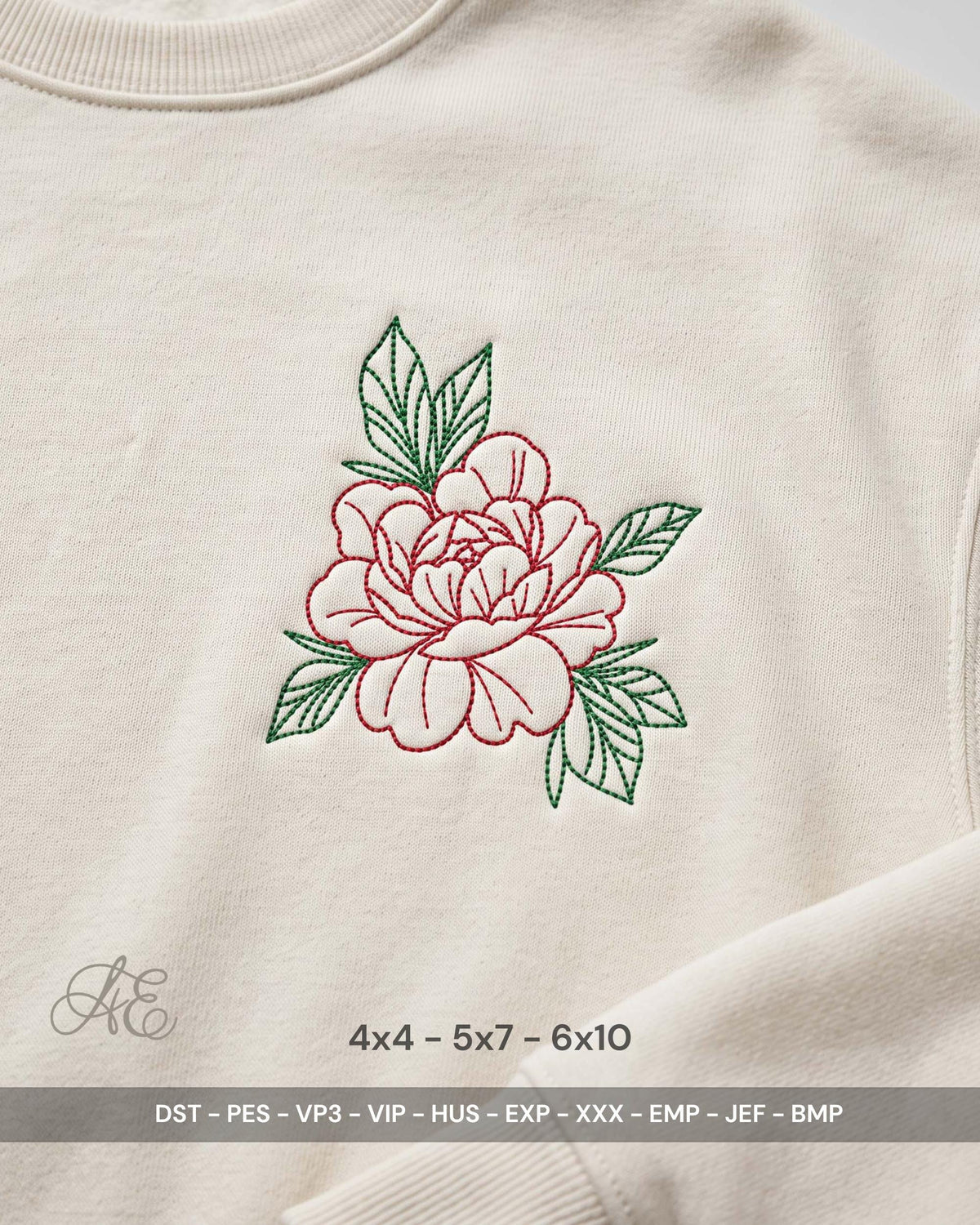 Peony Flower Embroidery Design, Floral Machine Embroidery File