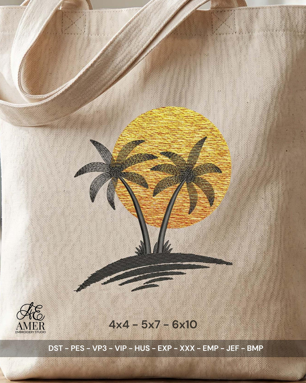 Palm Trees Sunset Embroidery Design, Tropical Beach Machine Embroidery