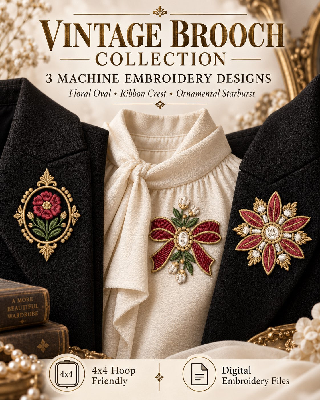 Vintage Brooch Garment Embroidery Set – 3 Machine Embroidery Designs
