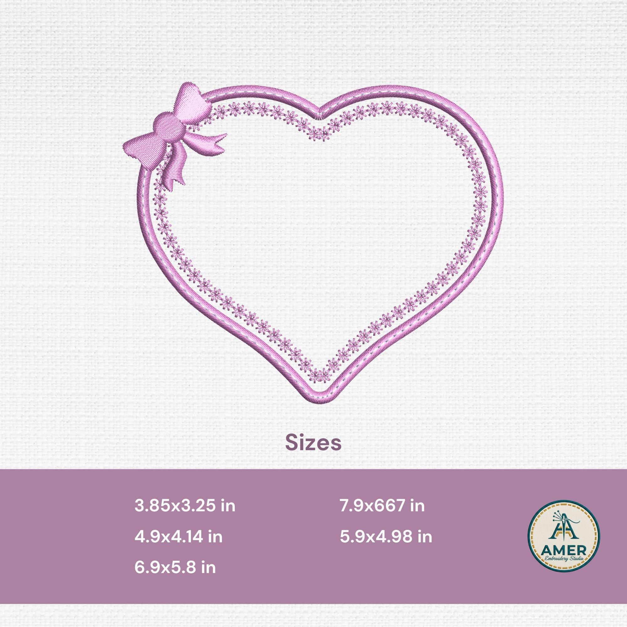 size chart for Coquette Bow Heart Monogram Machine Embroidery Design