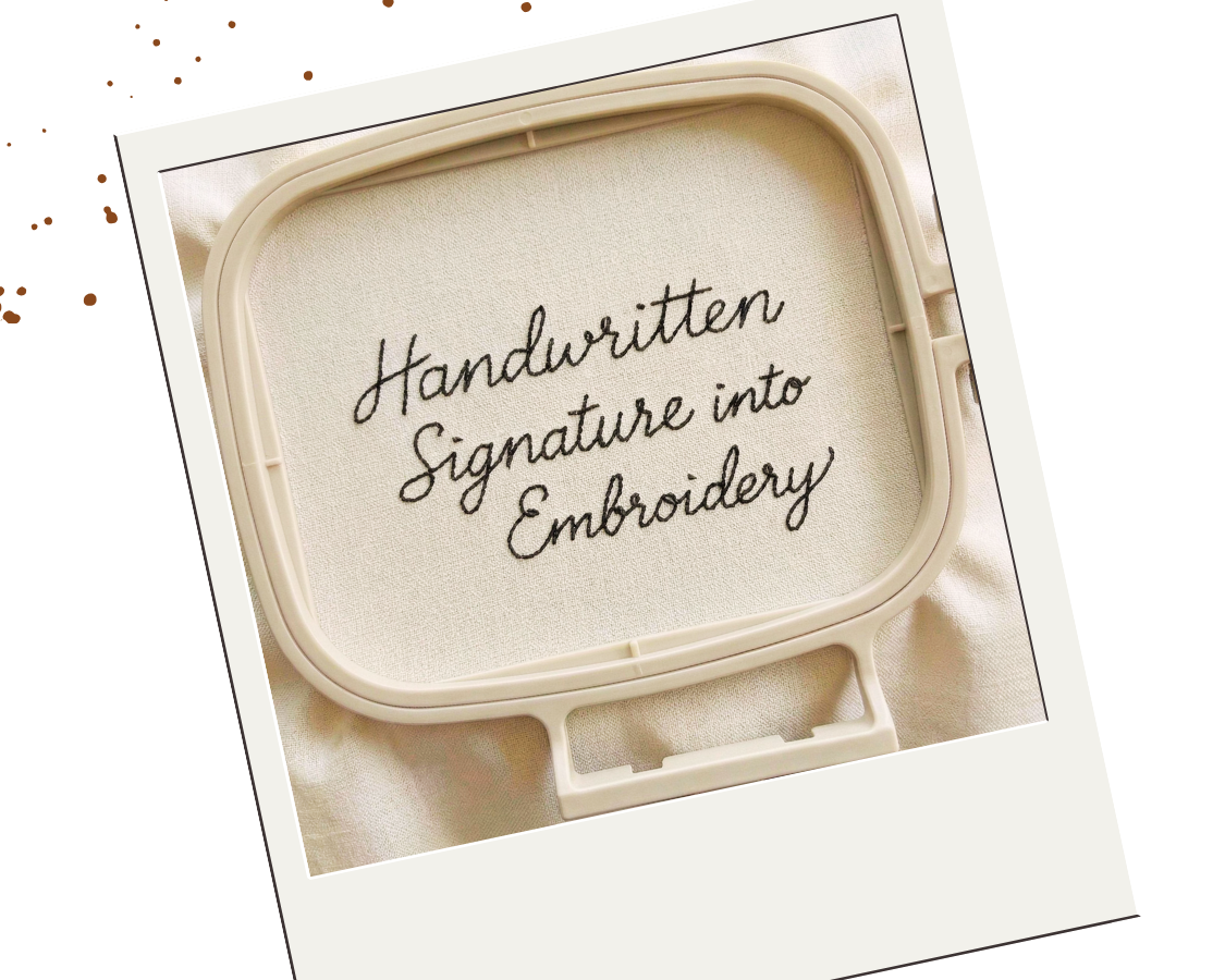 Polaroid-style photo of a sewing machine with 'Handwritten Signature into Embroidery' text.