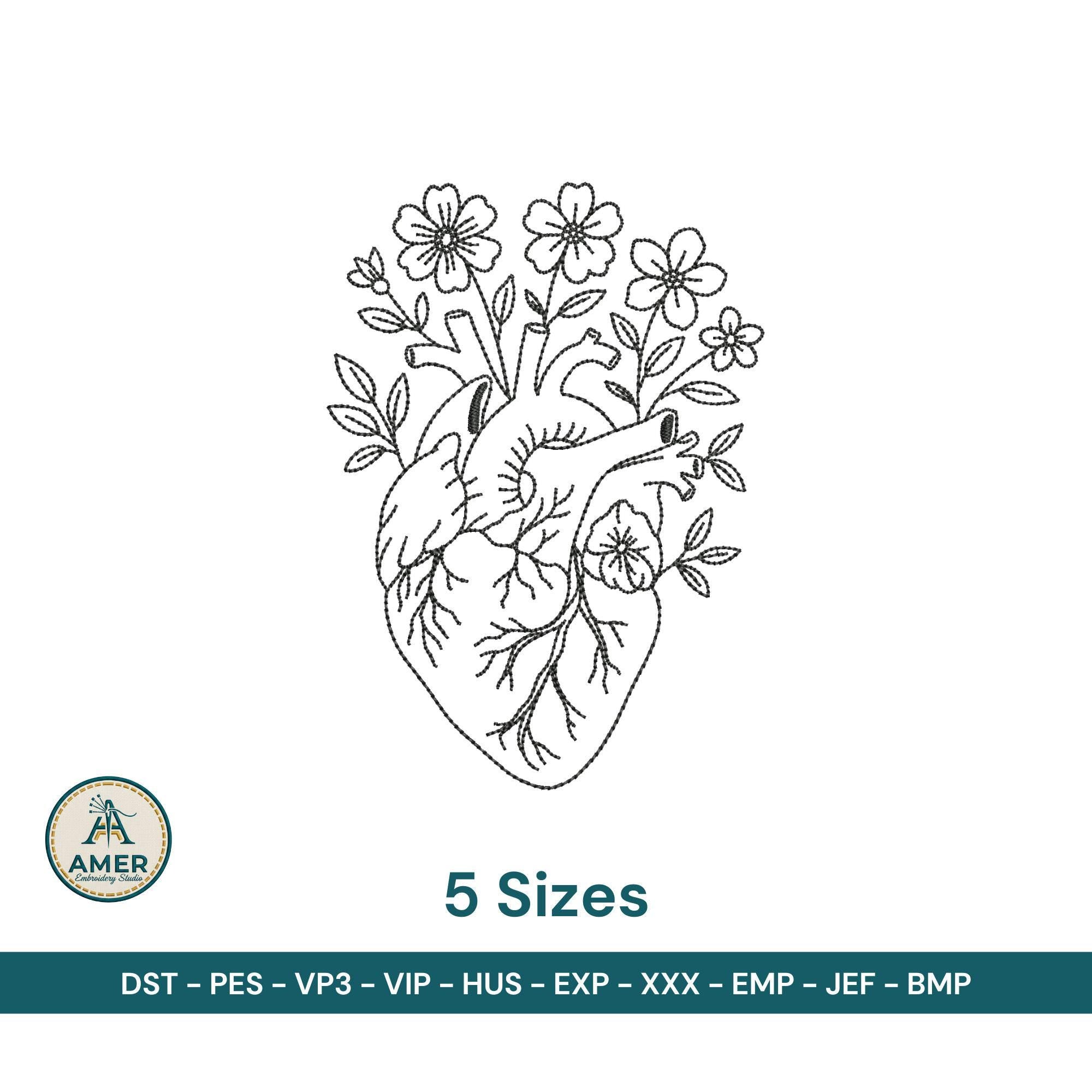 size chart for Floral Anatomical Heart Machine Embroidery Design