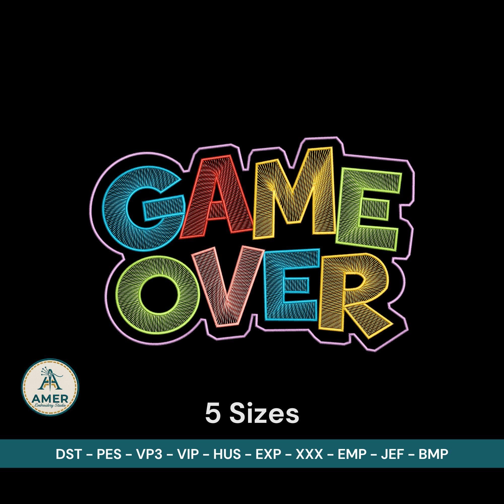size chart for Game Over Gamer Machine Embroidery Design