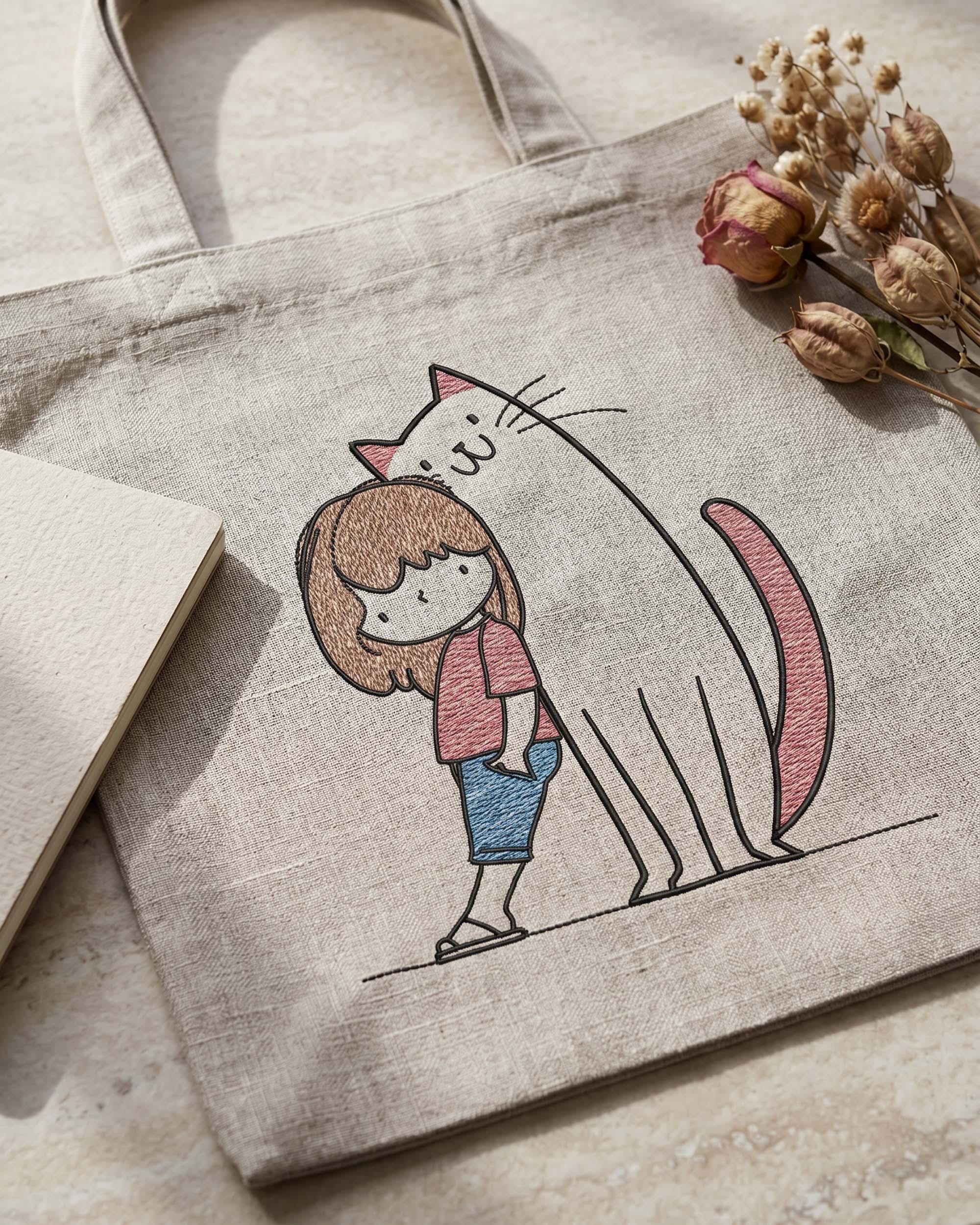 Girl and Cat Sketch Embroidery Design