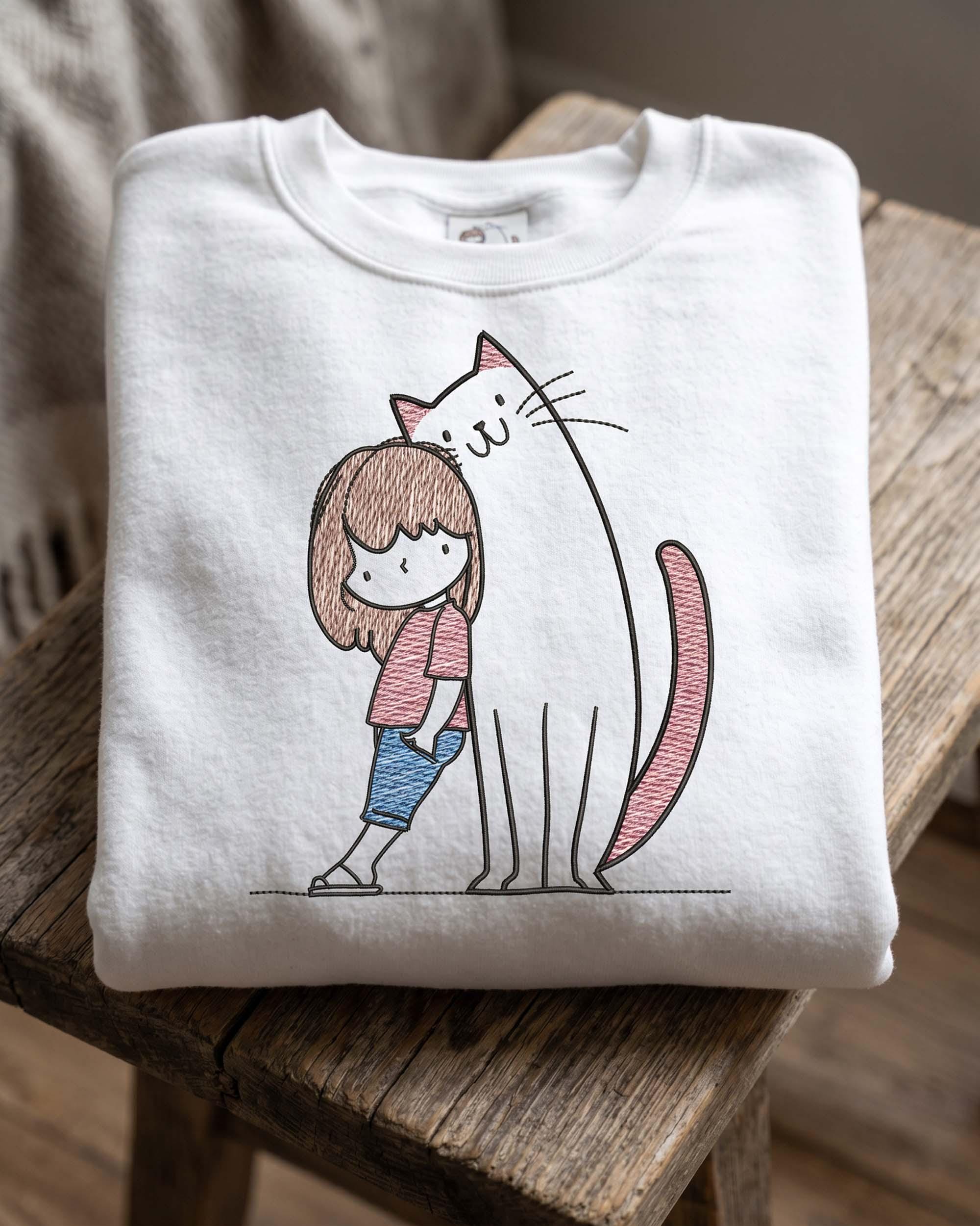 Girl and Cat Sketch Embroidery Design