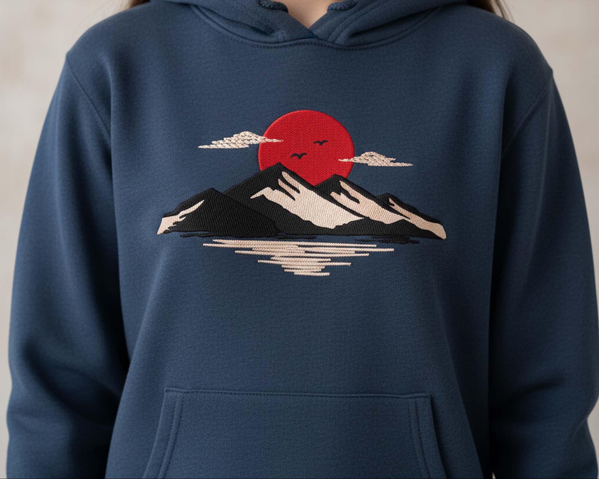 close-up preview of Japanese Sunset Mountain Machine Embroidery Desin