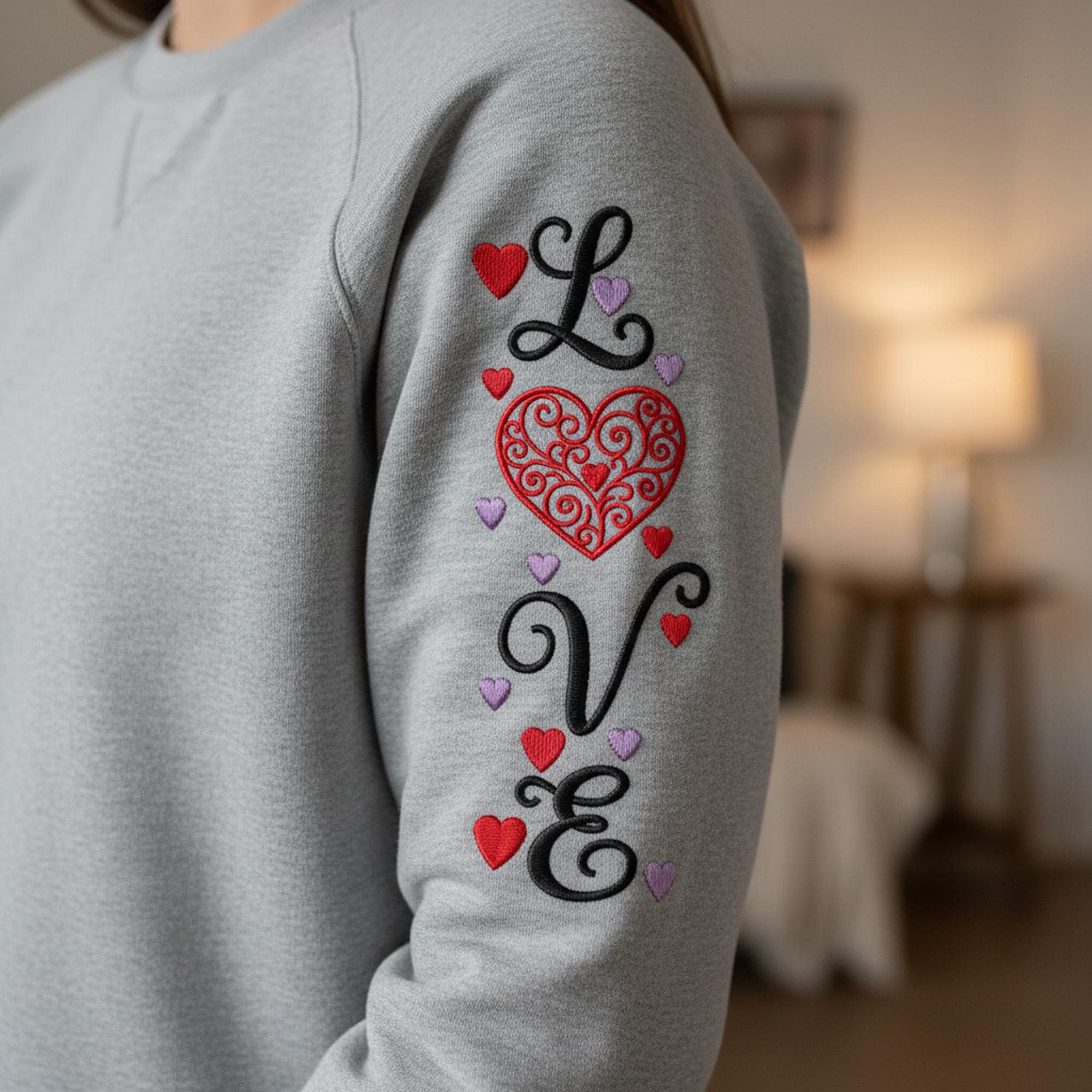 close-up preview of Love Word with Heart Swirls Valentine Machine Embroidery Desin