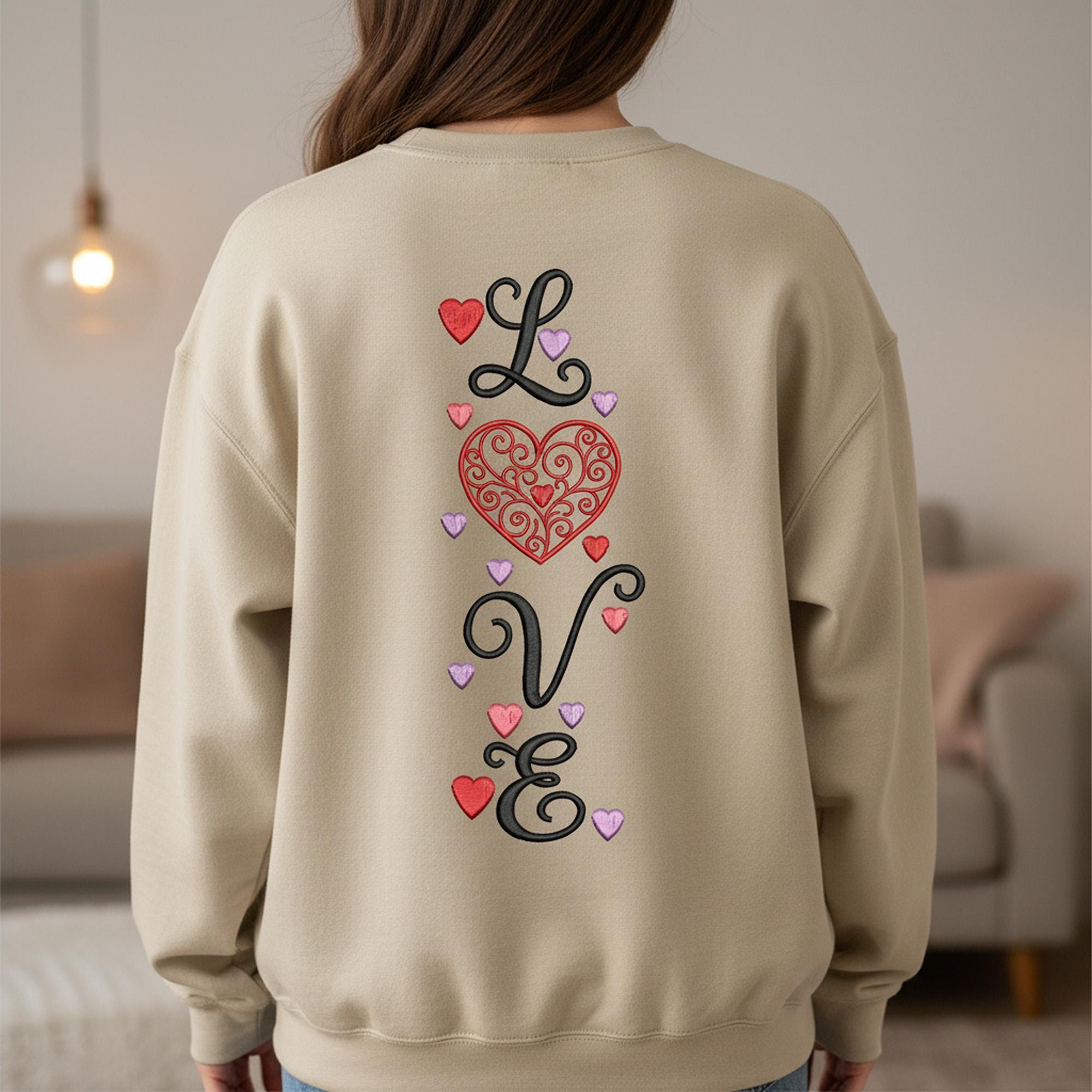 size chart for Love Word with Heart Swirls Valentine Machine Embroidery Desin