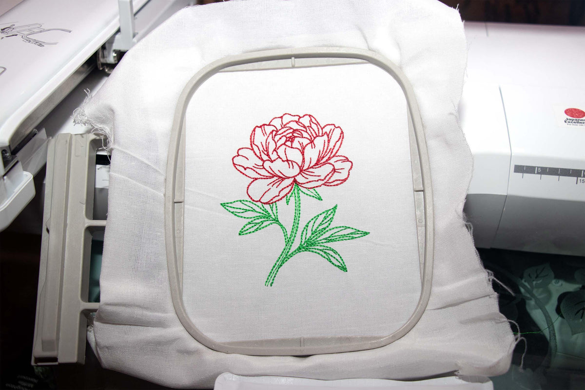 Peony Flower Embroidery Design, Floral Line Art Machine Embroidery File