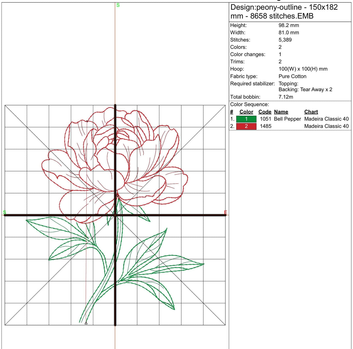Peony Flower Embroidery Design, Floral Line Art Machine Embroidery File