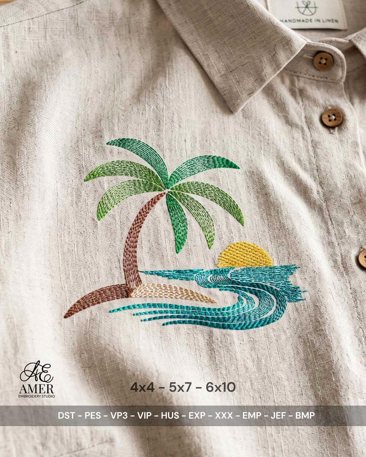 Tropical Palm Tree Embroidery Design, Beach Sunset Machine Embroidery